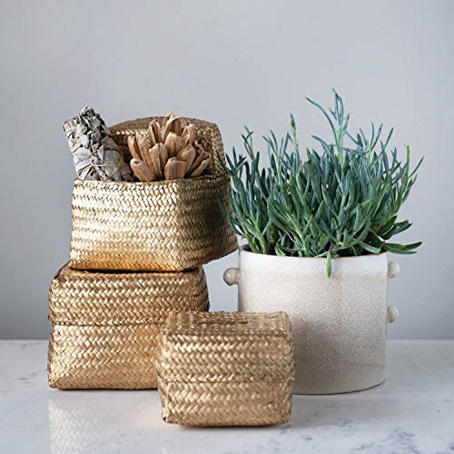 Creative Co-Op Hand-Woven Seagrass Baskets With Lids, Gold Color, Set Of 3 Storage Box, 3 #TOP5