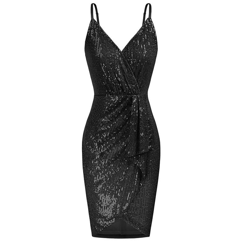 Vestidos de verano para mujer, vestido de lentejuelas con cuello en V, vestido ajustado con cadera, vestidos de noche irregulares para mujer, Reino Unido, Negro, XL