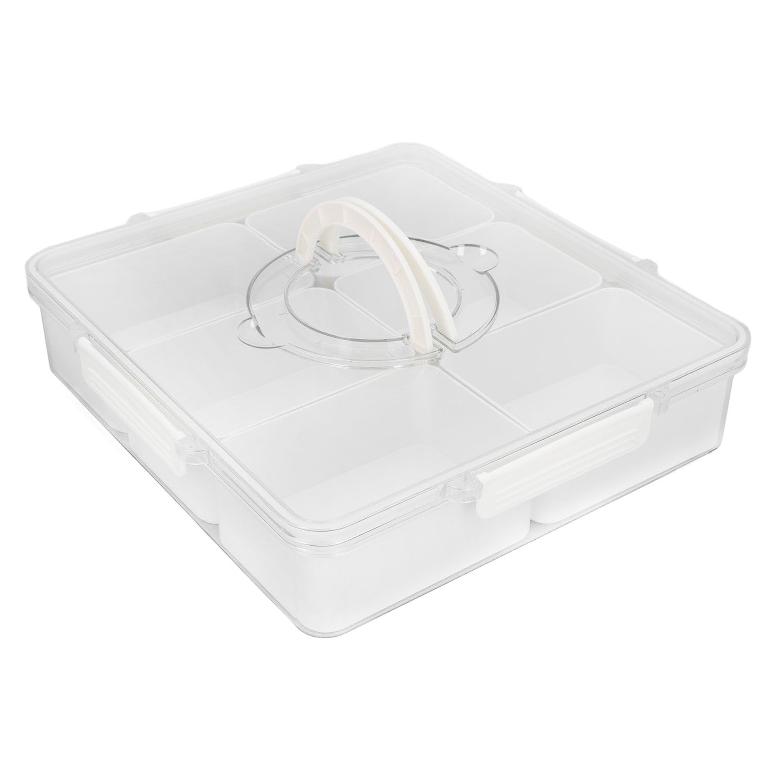 Caja Organizadora de Snackles Portátil para Cocina con 6 Rejillas y Tapa Sellada Ideal para Almacenar Frutas y Dulces 34x32x7.5cm (Blanco)