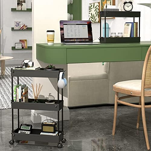 SPACEKEEPER Storage Trolley 3-Tier Slim Storage Cart Slide Out Rolling Utility Cart Mobile Shelving Unit Trolley Organizer Cart for Kitchen Bathroom Laundry Office, Plastic & Stainless Steel, Black