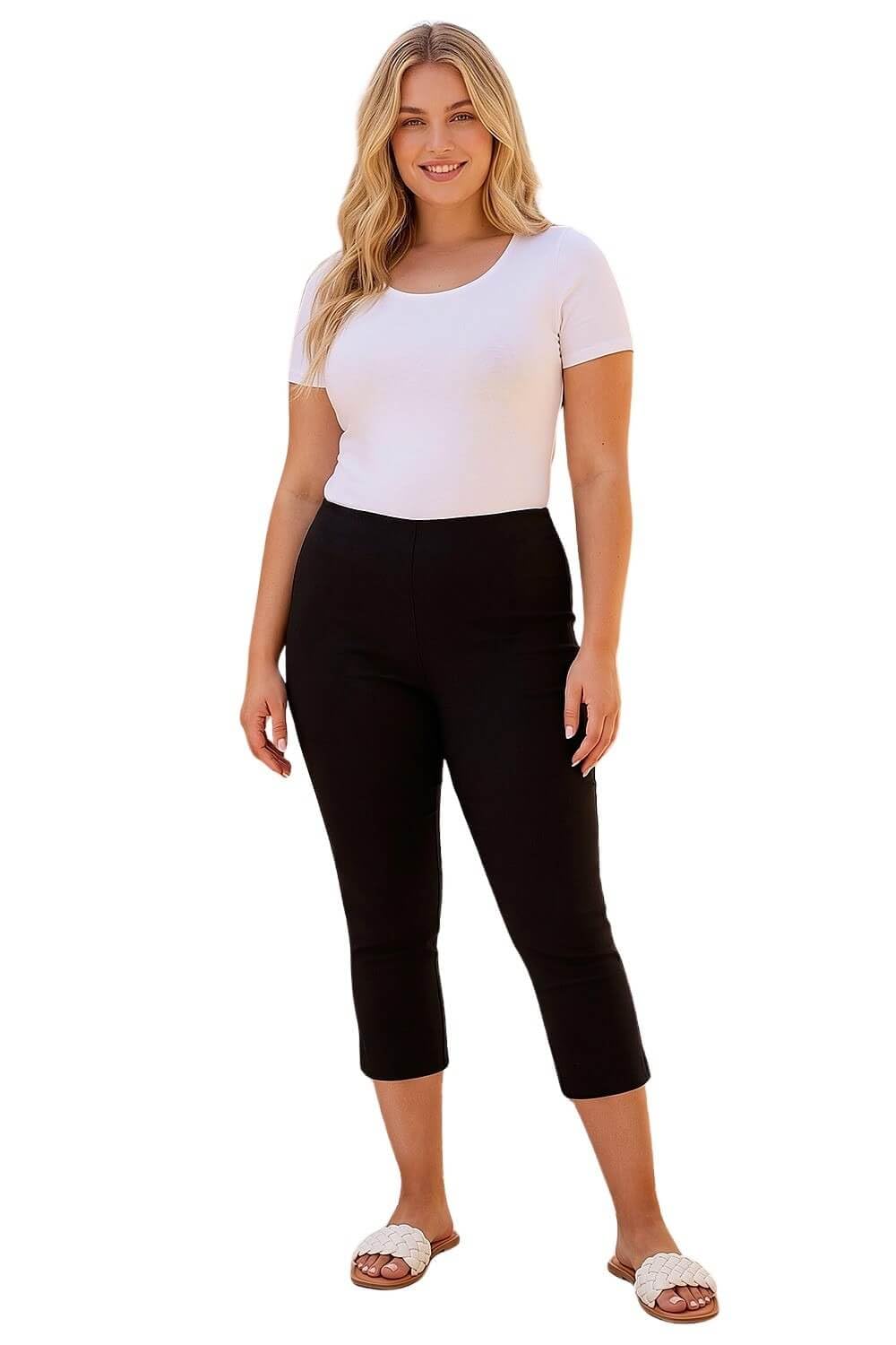 Roman Curve Cropped Elastic Waist Stretch Trouser - Black - Size 18