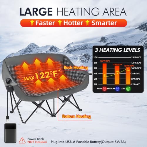 Image of Heated Double Camping Chair - Heated Loveseat Padded Chairs for 2 Person