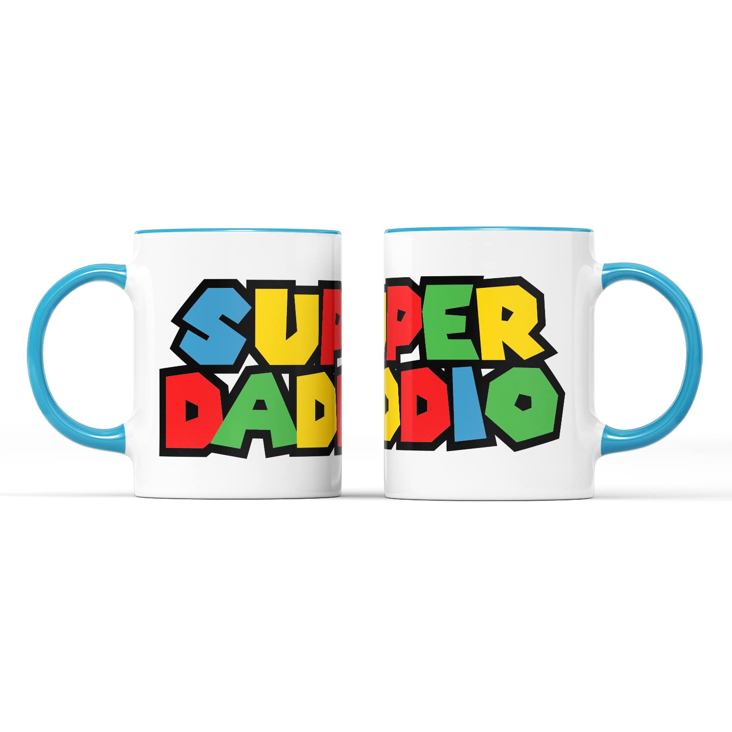 SMARTYPANTS Super Daddio Mug Tea Coffee Cup - Birthday Father's Day Dad Daddy Father Classic Retro Video Game Gamer Plumber Mushroom Kart Bomb Kitchen Dishes Decor (Blue Handle)