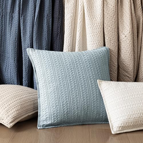 Image of Foindtower Set of 2 Decorative Cotton Waffle Weave Lumbar Throw Pillow Cover Euro Sham Cushion Covers Accent European Pillowcase For Bed Couch Sofa Bedroom Living Room Home Decor 12x20 Inch Light Blue