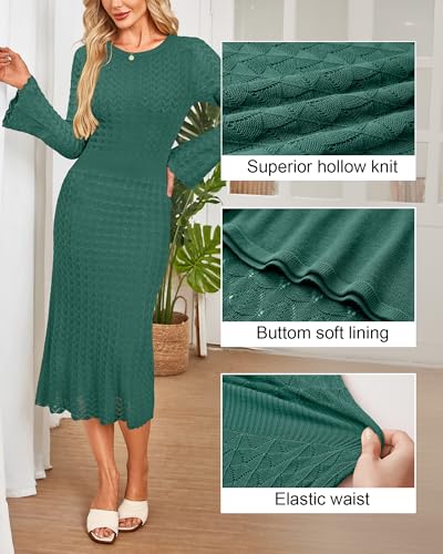Image of Newshows Women's Hollow Slim Summer Fall Church Work Casual Sweater Dress | Machine Washable Knit Sweater Fabric, Hollow Design, Bell Sleeve, Business Casual, Church Teacher Outfits, Modest Dress