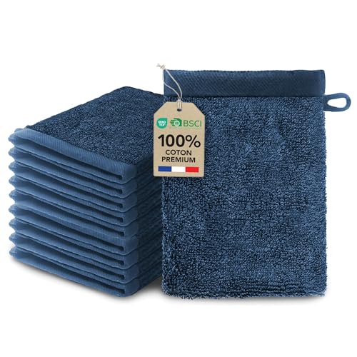 Lot de 10 Gants de Toilette 15x20 cm Bleu foncé Coton 500 g/m² – certifié Oeko TEX, Doux, Absorbant et Durable.