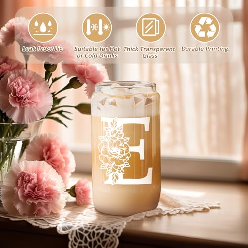 Image of Coolife Initial Glass Cup, Monogrammed Gifts for Women, 16 oz Tumbler w /Lid | Iced Coffee Smoothie Beer Tumbler w /Straw Lid - Personalized Christmas, Birthday Gifts for Woman Her Mom Friend