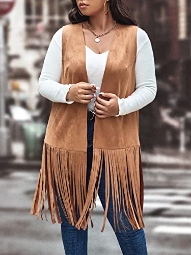 WDIRARA Women's Plus Size Fringe Hem Faux Suede Open Front Cardigan Vest Coat4