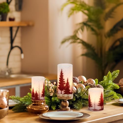 Image of KunSween Red Christmas Tree Flameless Candles with 6H Timer, 3 Pack LED Flameless Candles Battery Operated Real Wax, Christmas Candle for Winter Holiday Decorations for Home(D3 x H4 5 inch 6 inch)