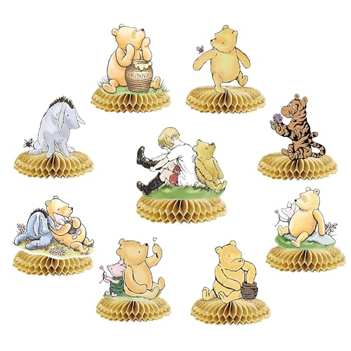 Image of 9 PCS Classic Winnie Bear Honeycomb Centerpieces - Baby Shower & Birthday Party Table Decorations Supplies