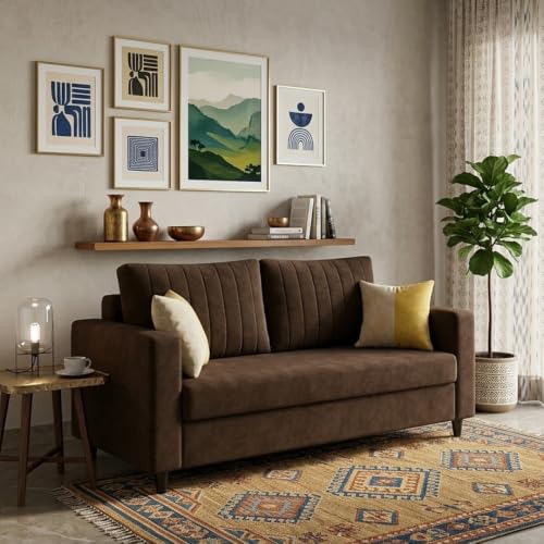 Image of FURNY Luxury Conva 2 Seater Sofa Set for Living Room |Soft Suede Fabric Upholstered | Modern Cushioned Comfortable Couch for Home Office & Drawing Room | Dark Brown