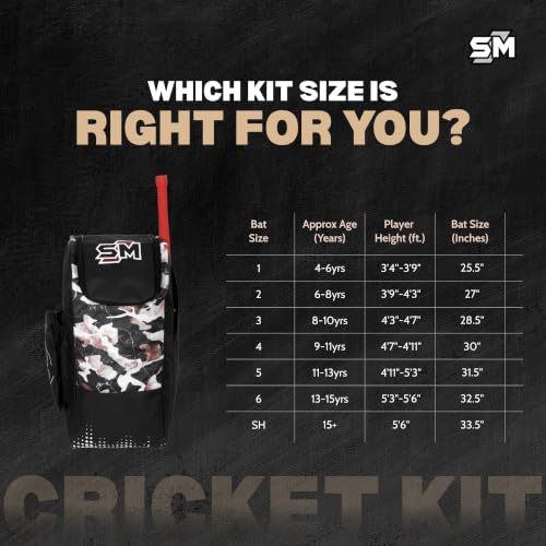 Image of SM Warrior Complete Cricket Kit for Men | Cricket Set | 8-Piece: Kashmir Willow Bat + Moulded Helmet + Calf Skin Gloves + Pads + Kit Bag + Thigh + Arm + Abdominal Guard | Mid-Range Club | Size SH