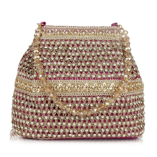 Image of Nevis Silk Fabric Premium Pearl & Crystal Embroidered Potli Bag for Women | Ethnic Bridal Clutch with Golden Handle | Party & Wedding | Potli Bag