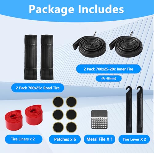 2Pcs 700x25c Tire, Road Bike Tires 700 x 25c & Inner Tubes