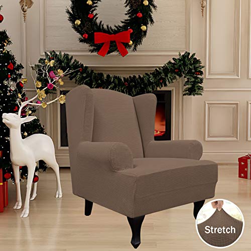 Image of Easy-Going Stretch Large Wingback Chair Sofa Slipcover Brown | 1-Piece Sofa Cover Furniture Protector Couch Soft with Elastic Bottom, Spandex Jacquard Fabric Small Checks
