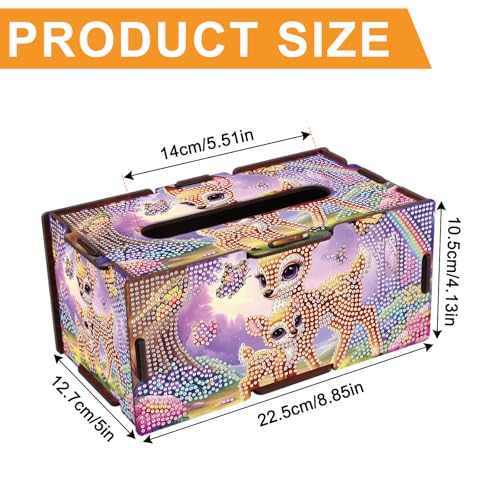 Image of DIY Diamond Painting Tissue Box - Wooden Rhinestone Art Kit with Deer Family Design, Nature Animal Themed Tissue Holder for Rustic Home or Office Desktop Decor
