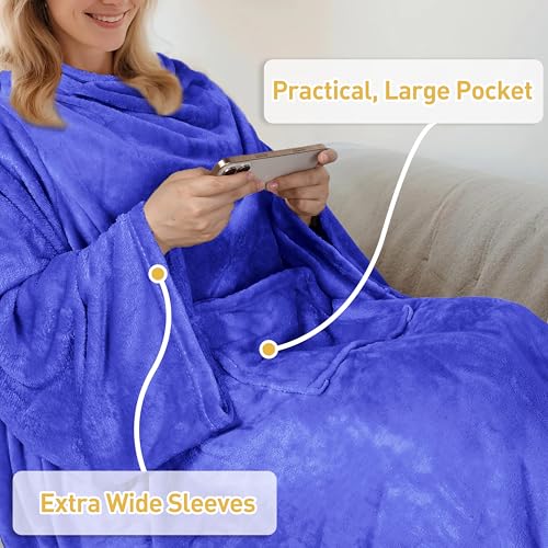 Catalonia Wearable Fleece Blanket with Sleeves and Foot Pockets for Adult Women Men, Micro Plush Comfy Wrap Sleeved Throw Blanket Robe Large, Blue