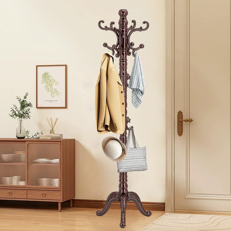 Wooden Coat Rack Stand, Vintage Wood Coat Rack Freestanding with Sturdy Triangle Base, Classic Coat Racks with 14 Hooks, Natural Birch Wood Coat Tree Hanger Stand for Entryway,Office European style