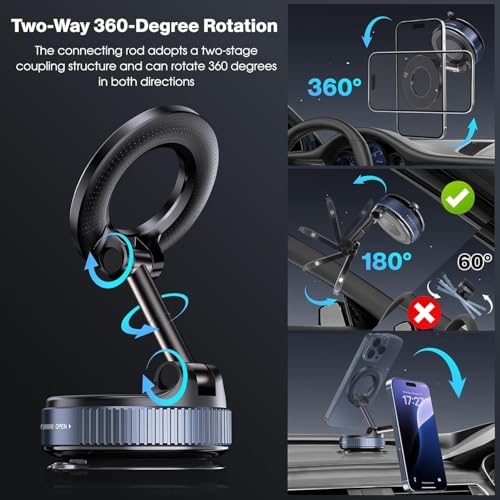 Image of RIGGEAR Vacuum Suction Magnetic Phone Holder, Foldable 360 Adjustable Car Mobile Phone Mount for Magsafe iPhones and All Android Phones, Holder for Car, Gym, Mirror, Smooth Surface Table Top (Black)