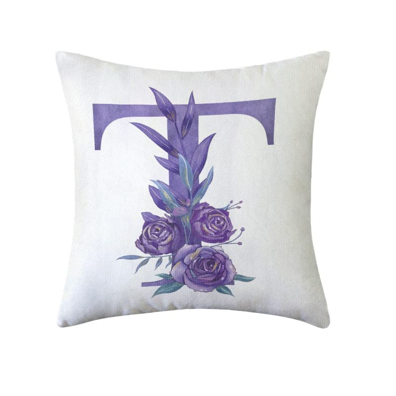 Funthy Alphabet Decorative Throw Pillow Covers English Letters Floral Pillow Covers White Velvet Soft Square Cushion Covers Outdoor Sofa Bedding Car and Home Decor Pillow Cases-T
