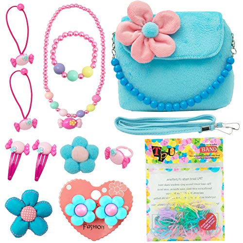 SOTOGO 13 Pieces Plush Purse Flower Handbag Girl Purse Toddler Purse with Hair Clip, Necklace, Bracelet, Earrings Ring, Brooch and Rubber Bands