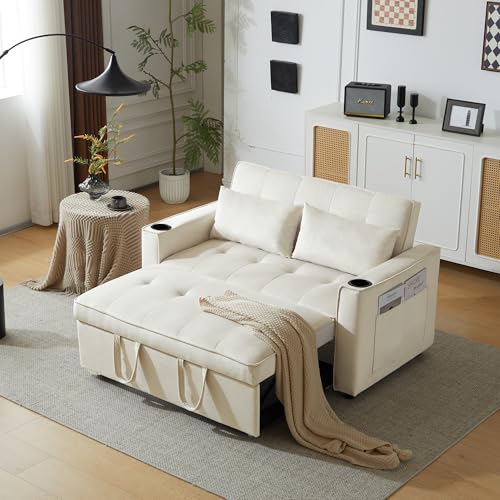 Zravenna Sofá cama tapizado de 2 plazas, sofá cama con función de dormir, chaise longue con espacio de almacenamiento, con soporte para vasos, sofá cama de salón (beige de 2 plazas)