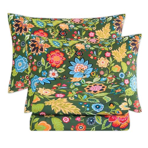 Bedlifes King Sheet Set Ultra Soft, Breathable, Silky Flower Deep Pocket 100% Microfiber Bedding, 4 Piece King Size with Floral Dark Green