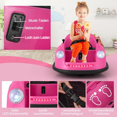 COSTWAY 12V Autoscooter Kinder, Elektro Bumper Car mit Fernsteuerung & LED-Lichtern & Musik, Kinderauto 360-Grad Drehung, für Kinder von 2–5 Jahren (Rosa) – Bild 7