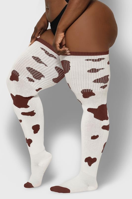 Image of Thunda Thighs Plus Size Thigh High Socks, Over the Knee High Boot Stockings Leg Warmers, Extra Long & Thick Socks Cow Print White & Brown