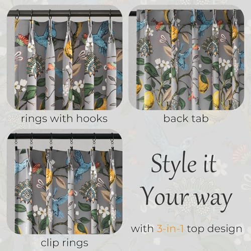 Image of Floral Grey Pinch Pleated Blackout Curtains,Mid Century Botanical Printed Curtains 96 Inches Long for Living Room Bedroom,Vintage Floral Lemon Hummingbird Colorful Drapes, 2 Panels