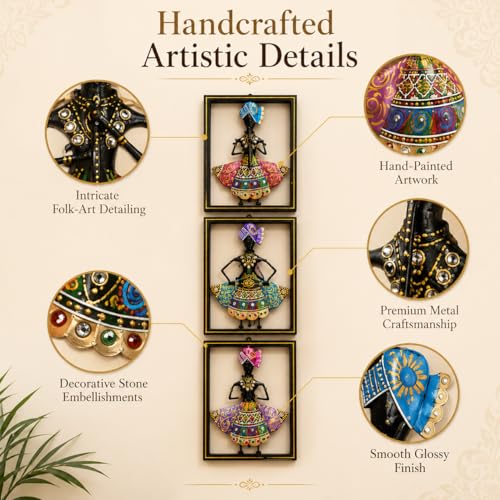 Image of iHandikart Metal Wall Art Set of 3 for Home Decor | Hand-Painted Rajasthani Folk Lady Wall Hanging | Hand-Painted Iron Wall Sculpture for Living Room, Bedroom & Home Decor | 10.5 x 8 Inch Each