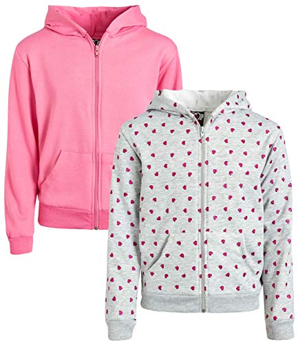 Real Love Girls' Fleece Zip-Up Hooded Sweatshirt with Kangaroo Pockets (2 Pack), Grey Hearts/Candy Pink, Size 10/12