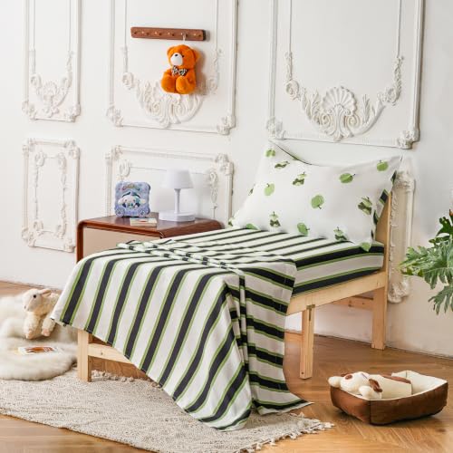 Image of KAREVER Stripes Toddler Bedding Set Green Apple Print 4 Pieces Crib Bed Set Kids White Green Striped Comforter Set
