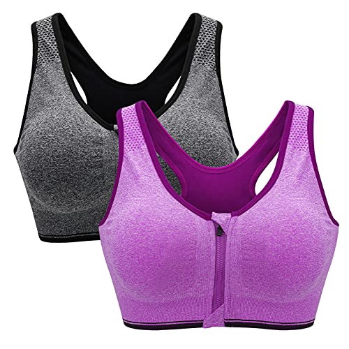 ZOEREA Sujetador Cierre Delantero Deportivo para Mujer Gimnasio Ropa con Almohadillas Extraíbles para Correr Sin Costuras Yoga Fitness Gris Y Morado,L