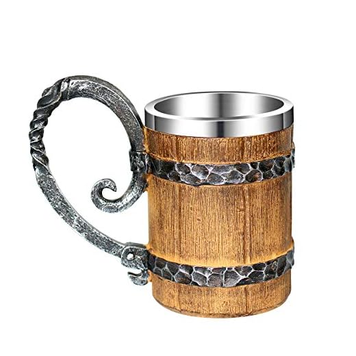 OTARTU Taza de cerveza vintage de madera imitativa, medieval retro vikingo, taza de café de acero inoxidable Stein Tankard, taza de 17 oz/500 ml, regalo único