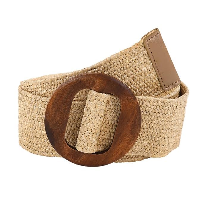Boho Woven Belt for Women – Premium Wide Elastic Straw Waist Belt with Wooden Buckle – Adjustable Stretch Fit for Dresses, Jeans & Outfits – Summer Chic Bohemian Fashion Accessory-image-1