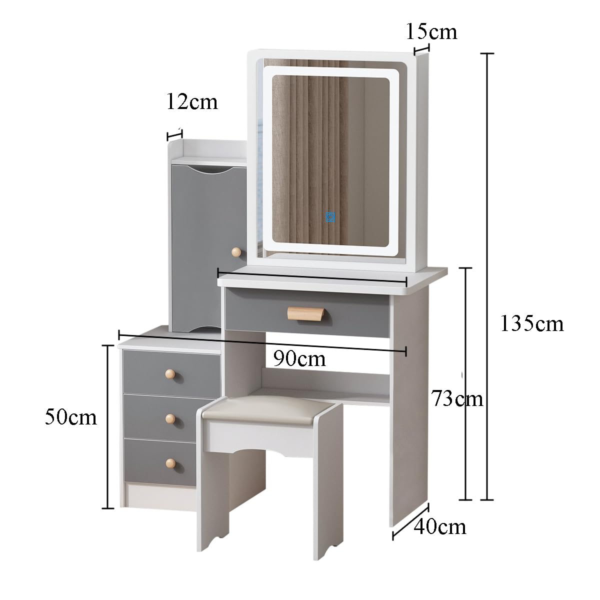 Tavolo Da Toeletta Con Specchio E 4 Cassetti - Bianco E Grigio, 90x40x135 Cm, Con Sgabello - Foto 8