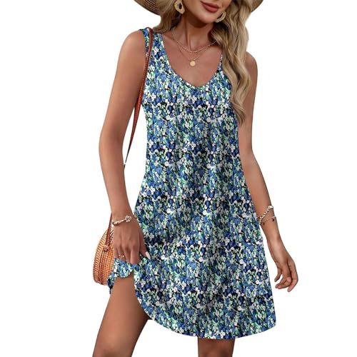 fdsmall Damen V-Ausschnitt Kleid Spaghettiträger Sommerkleid Blumenkleid Casual Swing Midi Sommerkleid mit Taschen, blau, Medium