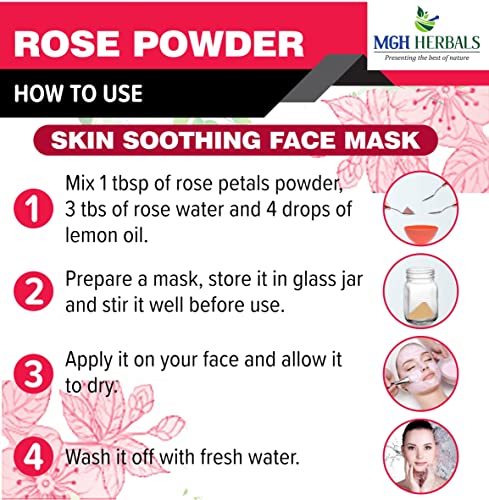 Image of MGH Herbals Organic Rose Petal Powder - 100g | Rosa indica for Facial & Skin Care| 100% Pure & Natural Rose Powder for Tanning & Glowing Skin