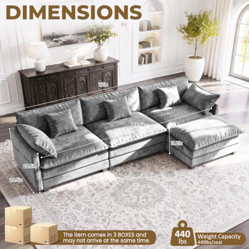 Image of 112 inch L-Shape Modular Sofa with 1 Ottomans, Deep Seat Cloud Convertible Sleeper, 3 Throw 2 Arm Pillows, Cozy Upholstered Furniture for Living Room Apartment, Dark Grey