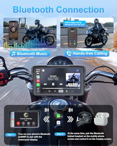 Portable Motorcycle CarPlay HD Touch Screen, Motorcycle GPS Navigation System with Apple Carplay and Android Auto, IP67 Waterproof, Support Tire Pressure settings, Bluetooth, Voice Control, Navigation