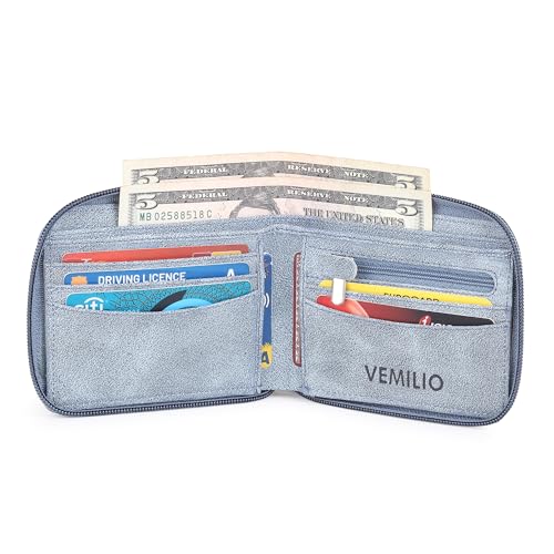 Image of VEMILIO Denim Chain Wallet for Men & Women- Rounded Design with 5 Card Slots | 2 Secret Compartments | 2 Cash Pockets | Zipper Coin Pocket (Blue)