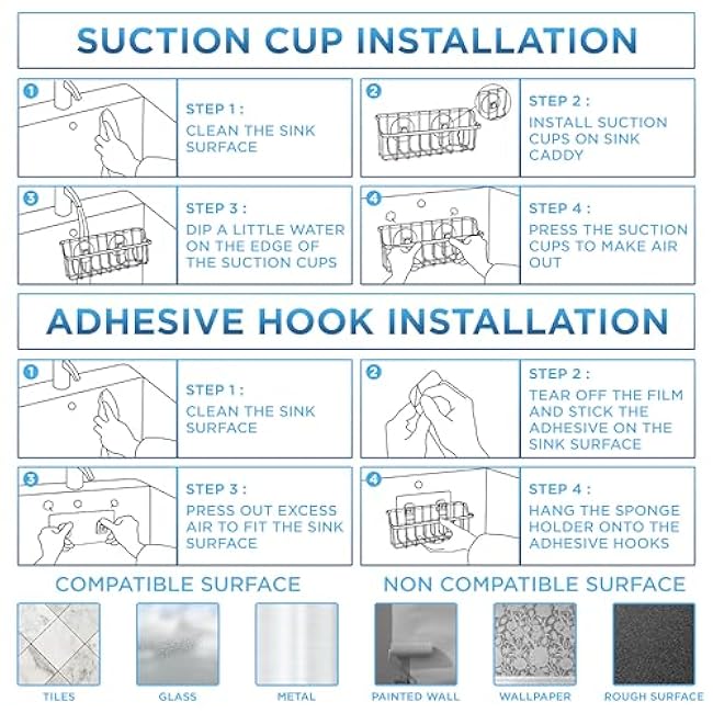 Sponge Holder for Kitchen Sink: 2-in-1 Kitchen Organizer for a Sponge & Dish Brush- 304 Stainless Steel Sink Caddy with Suction Cups & Adhesive Hook - Matte Black