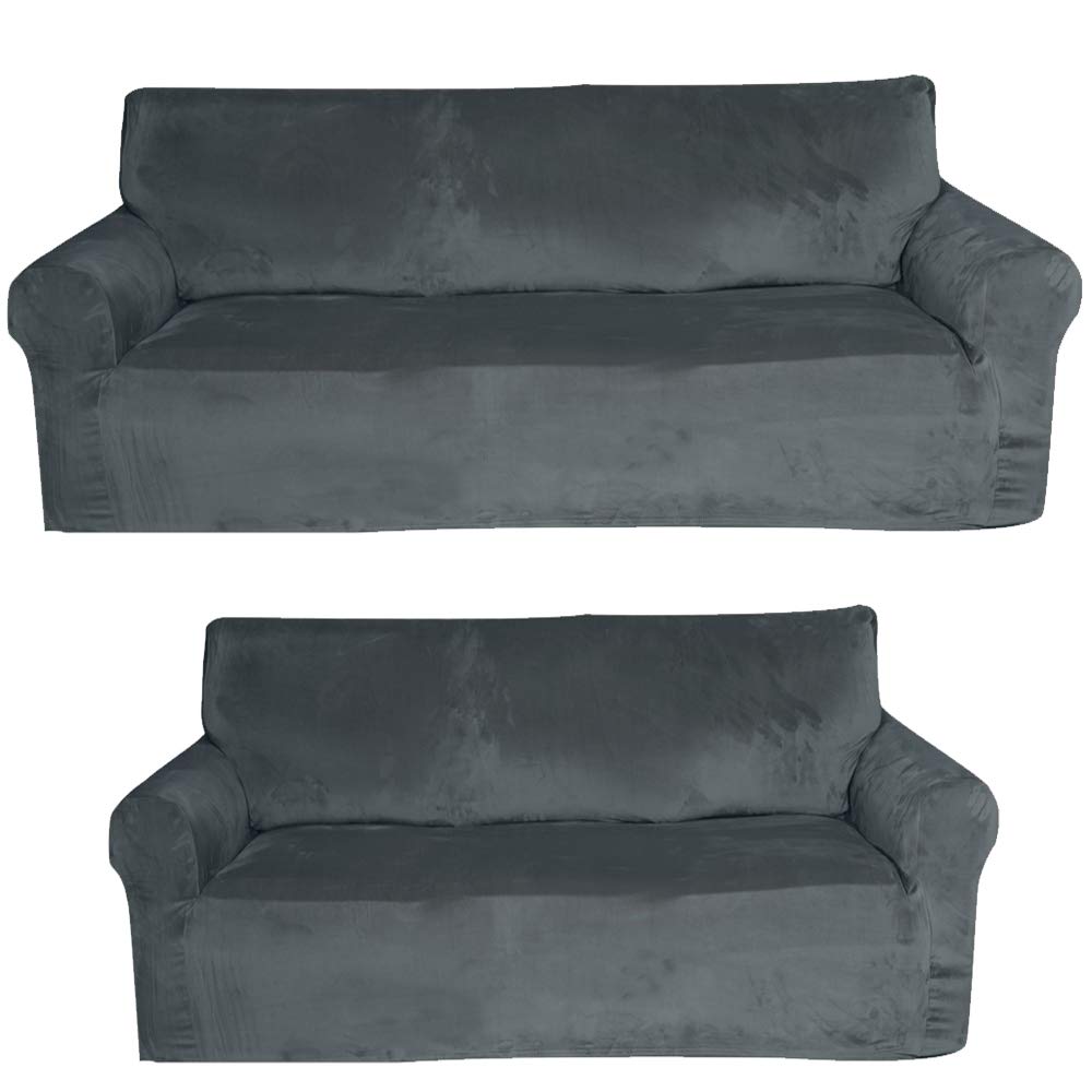 Golden Linens 2 pcs Velvet Fabric Stretch 4 Way to Fit/Slipcovers Set, Couch/Sofa and Loveseat Cover, Furniture Protector# JOLAN (Light Grey)