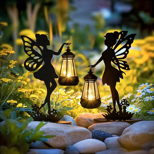 GIGALUMI Iron Fairy Statue Garden Ornaments Outdoor with Solar Powered Lights Birthday Gifts for Mom Gifts for Women Waterproof Garden Statue Decorations for Patio Yard(2 Pack)
