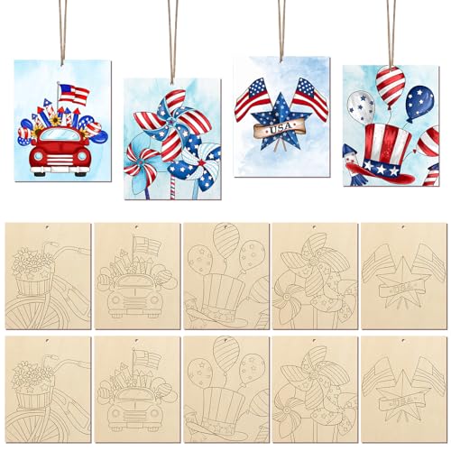 COCHIE 10 Pieces Large 4th of July Unfinished Wood Crafts to Paint for Adults Bulk Predrilled Wooden Ornaments for Painting Independence Day Paintable Wood Slices Craft Supplies with Ropes