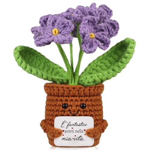 Positiva Regali | Fiore all'Uncinetto Lavorato a Mano con Carta Motivazionale - Regalo Emozionale per Donne,Ragazze | Idea Compleanno,Laurea,San Valentino,Decorazione Casa (Non ti scordar di me-Viola)