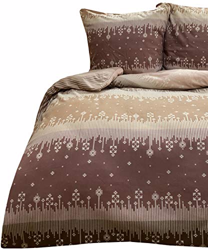 Leonado Vicenti Warme Winter Bettwäsche Thermo Fleece flauschig Schlafzimmer Set Bezug Kissen mit Reißverschluss, Farbe:Beige Gestreift, Maße:135 x...