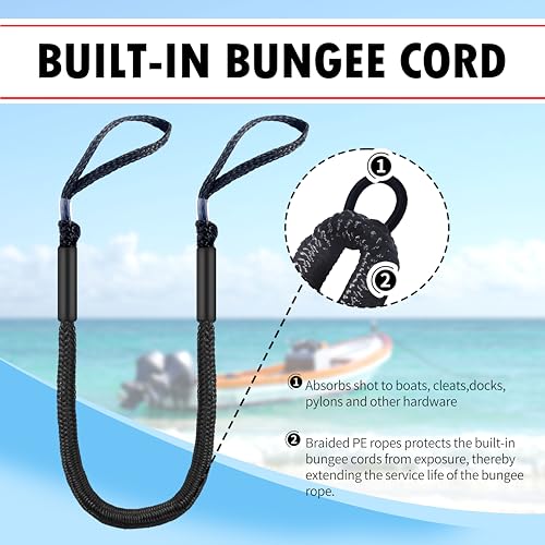 Bungee Dock Lines with Loops for Boats – Lightweight Elastic Pontoon, Deck Boat, Jet Ski, PWC, Kayak, Small to Medium Vessel Mooring Ropes & Spring Lines for Quick Docking (2, Black, 4 Feet) - image 6