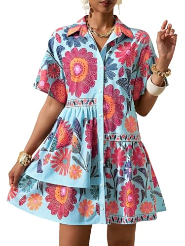 Image of SOLY HUX Women's Floral Button Down Shirt Dress Collared Short Sleeve Ruffle Babydoll Summer Boho Vacation Short Dresses